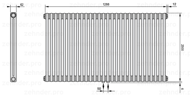 Схема (чертеж) Радиатор Zehnder Charleston 2250/28 №5410 Белый глянцевый RAL 9016